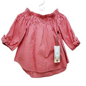 Red Gingham Off-Shoulder Smocked Top 3/4 Sleeves Bow Details Women Iris Size S
